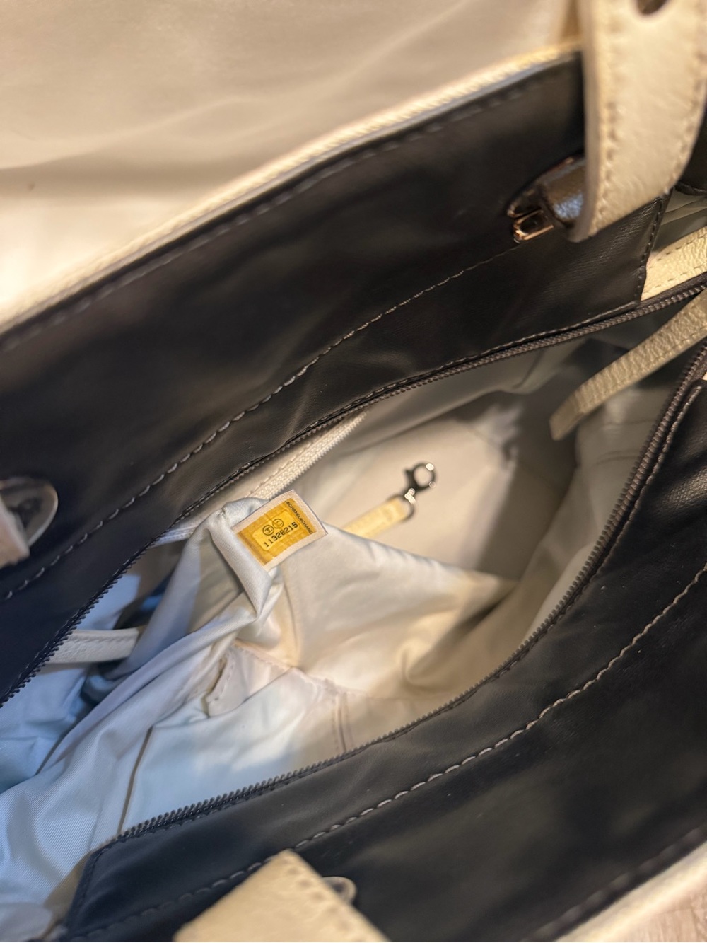 CHANEL Quilted Metallic Silver and Cream Tote Bag with CC Charm - Picture 5 of 12